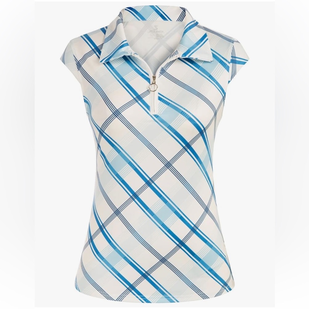 Jack Smith Women’s Golf Polo Shirt Size XL Sleeveless UPF 50+ White Blue Stripes - Picture 2 of 10